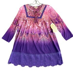 One World S Paisley Tassel Tie Neck Dress Purple Pink Ombre Lace Trim Boho NWT